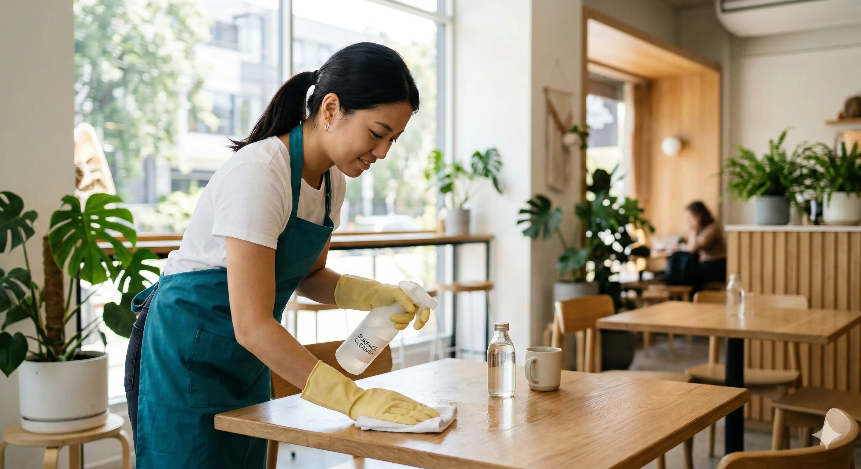 a young asian adult girl in a teal cleaning apron and gloves focused on cleaning the table